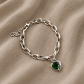 Vintage Silver Charm Bracelet with Green Crystal Stone