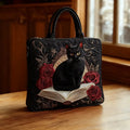 Handmade embroidered bag - black cat on books