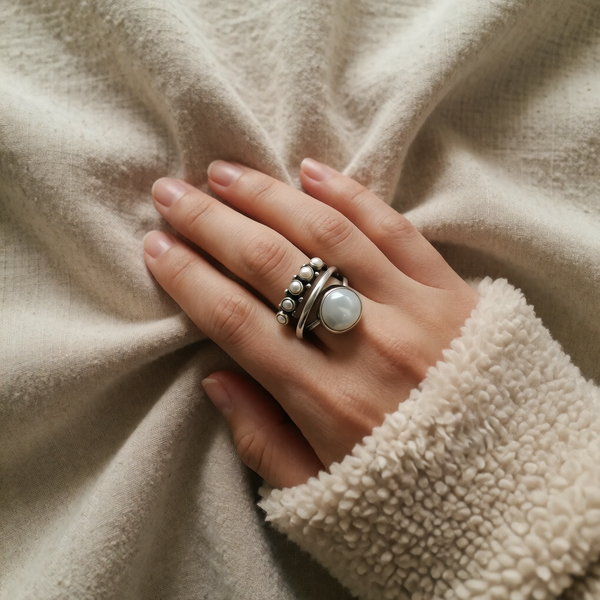 Ring with Large Pearl Effect and Ball Detail