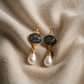 Gold Earrings with Opal Effect and Pearl Drop