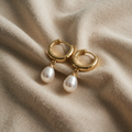 Gold Huggie Earrings with Pearl Effect Drop
