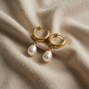 Gold Huggie Earrings with Pearl Effect Drop