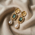 Gold Earrings with Flower Wreath and Pearl Drop