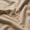 Layered Y-Shaped White Pearl Necklace with Delica Beads