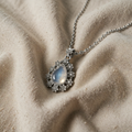 Shiny Moonstone Necklace with Antique Silver O-Ring Chain and Organic Glass Pendant