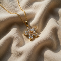 Flower Necklace with Clear Drop-Shaped Stones in Gold Setting